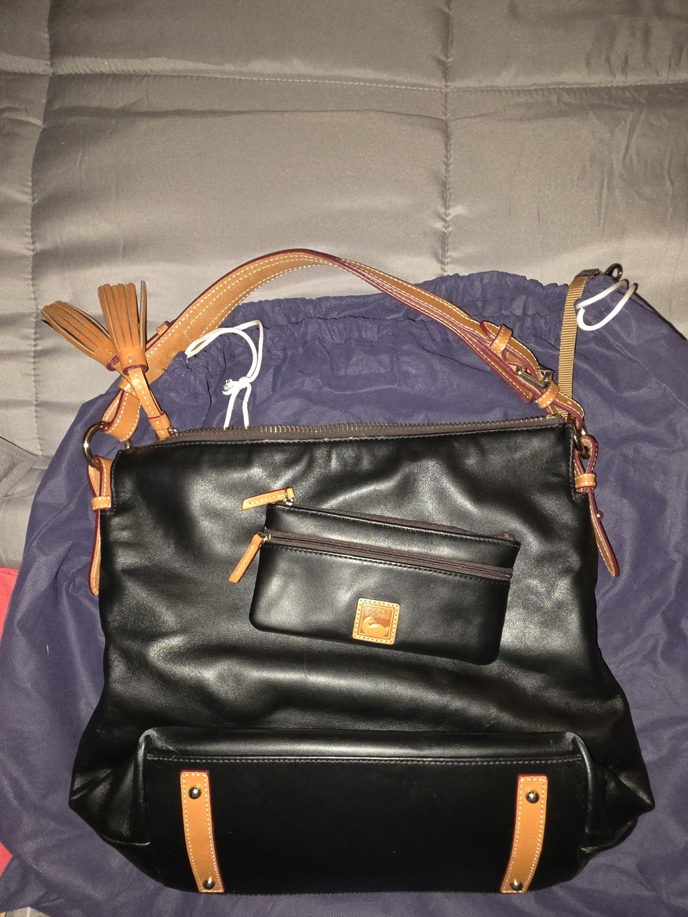 Dooney & Bourke Black Leather Shoulder Bag with Tan Trim